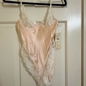 NWT- Elegant Lace Trim Silk Bodysuit - Peach